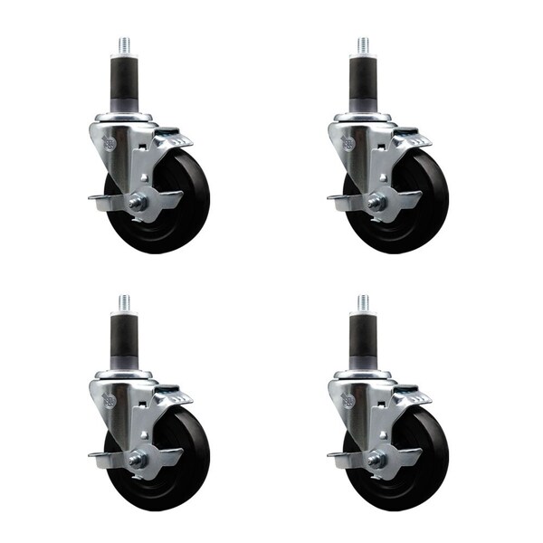 Service Caster 4'' Soft Rubber Swivel 1-1/4'' Expanding Stem Caster Set with Brake, 4PK SCC-EX20S414-SRS-TLB-114-4 - main